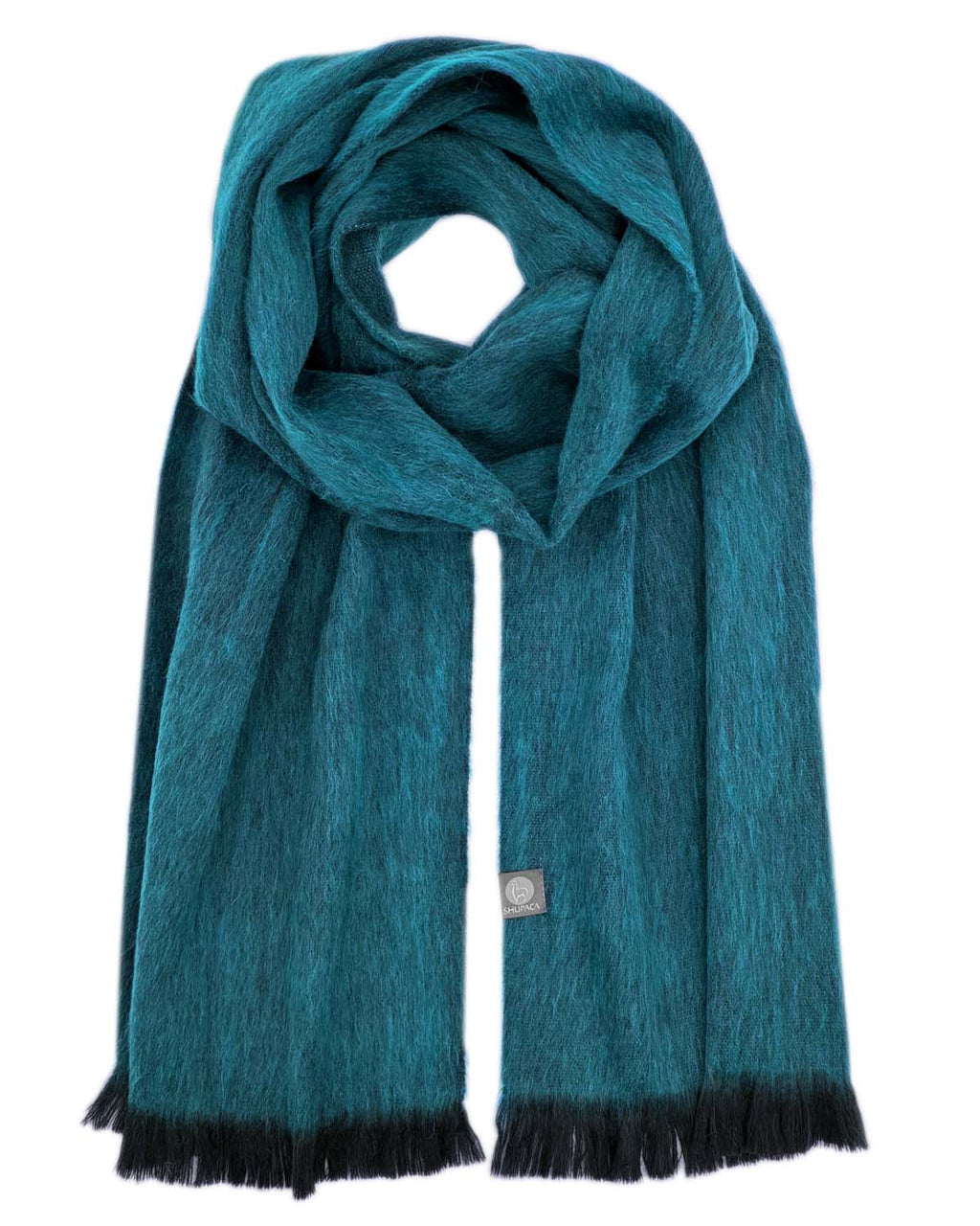 Midnight Turquoise alpaca scarf with teal and charcoal tones, Shupaca