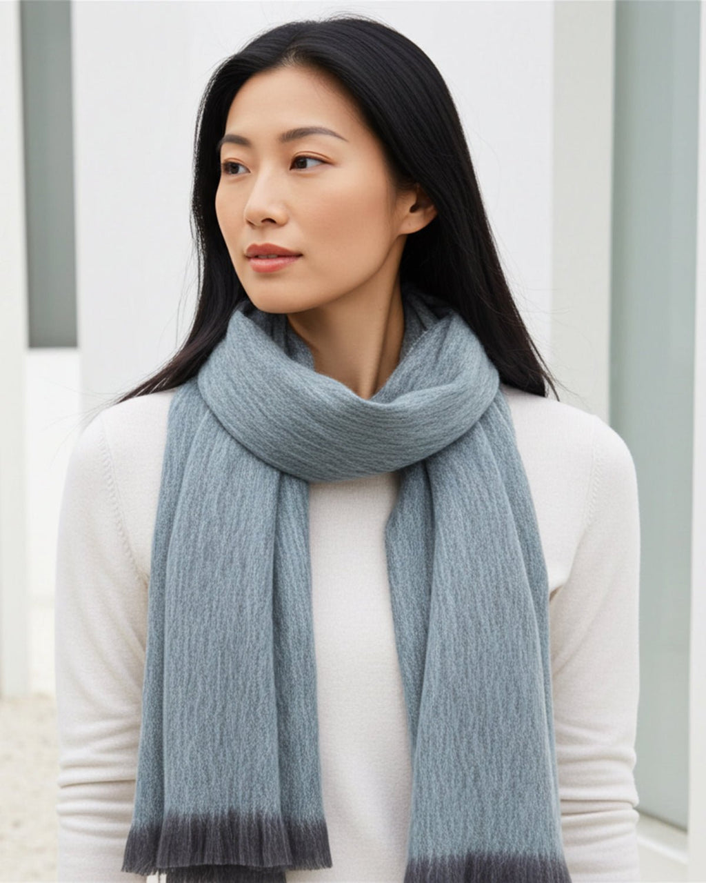 Blue alpaca scarf in Mineral Mist with slate and smoke grey, Shupaca