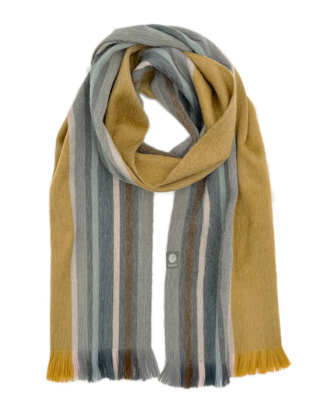 Mustard alpaca scarf in Mostaza with cool grey accent, Shupaca
