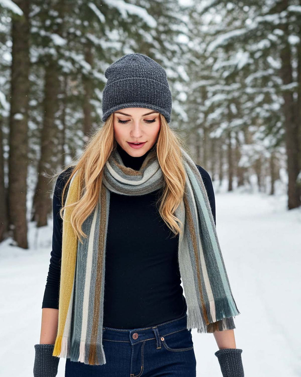Mustard alpaca scarf in Mostaza with cool grey accent, Shupaca