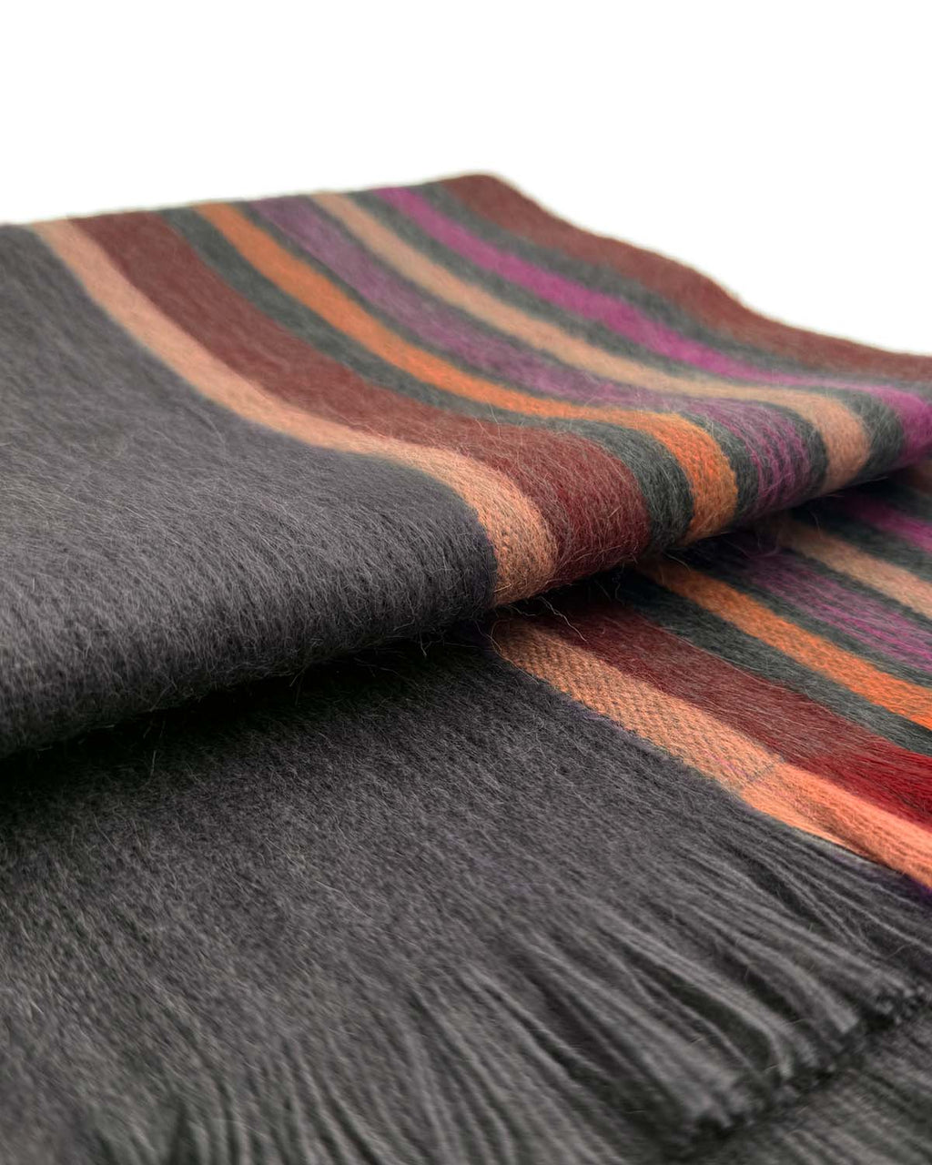 Charcoal alpaca scarf in Night Horizon with plum and rust stripes, Shupaca