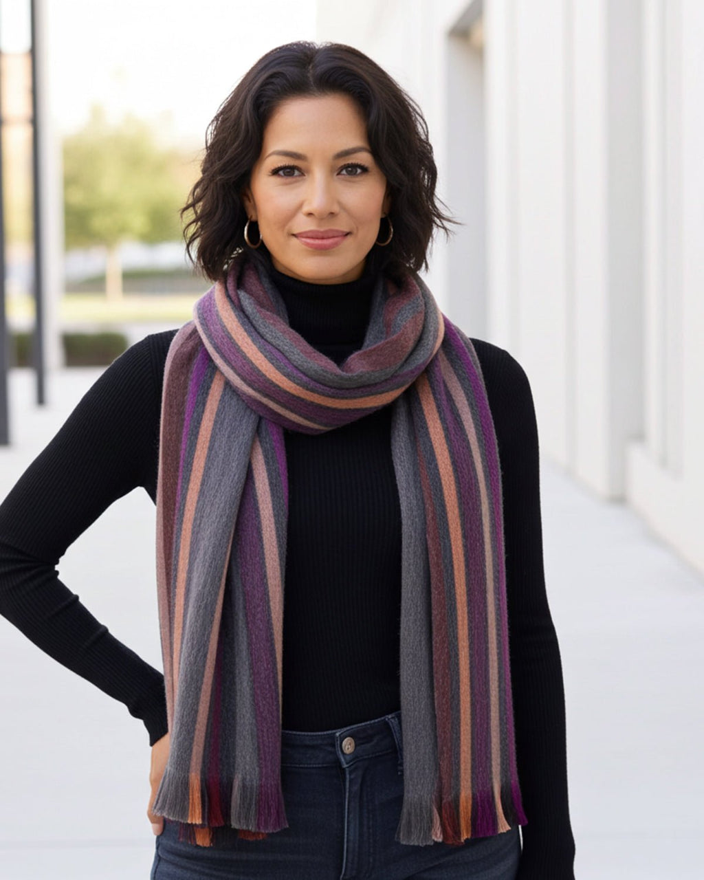 Charcoal alpaca scarf in Night Horizon with plum and rust stripes, Shupaca