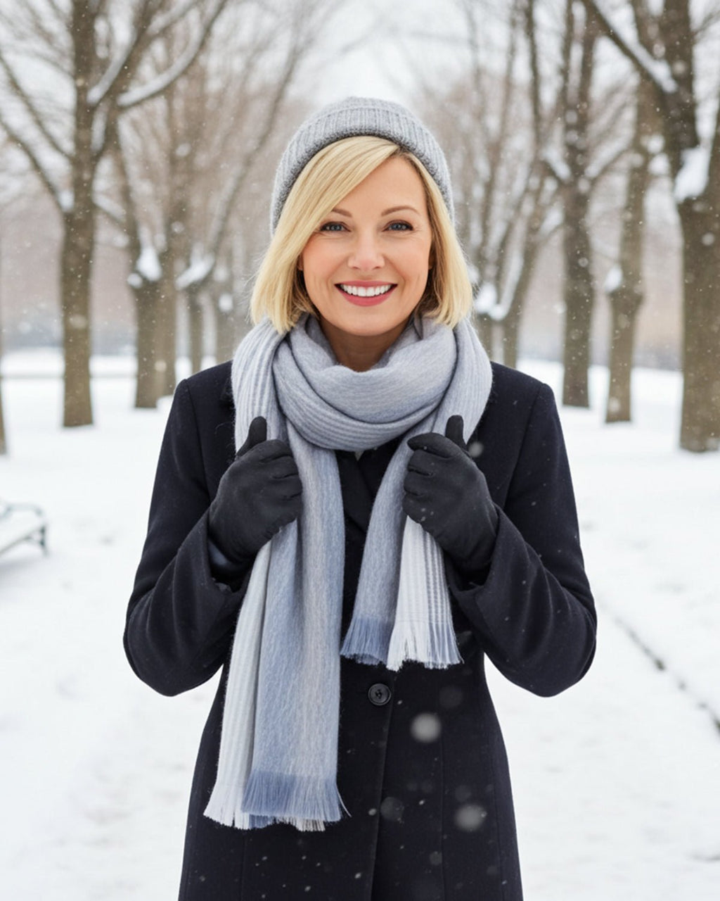 Grey alpaca scarf in Polar Drift with powder blue and snow white gradient, Shupaca