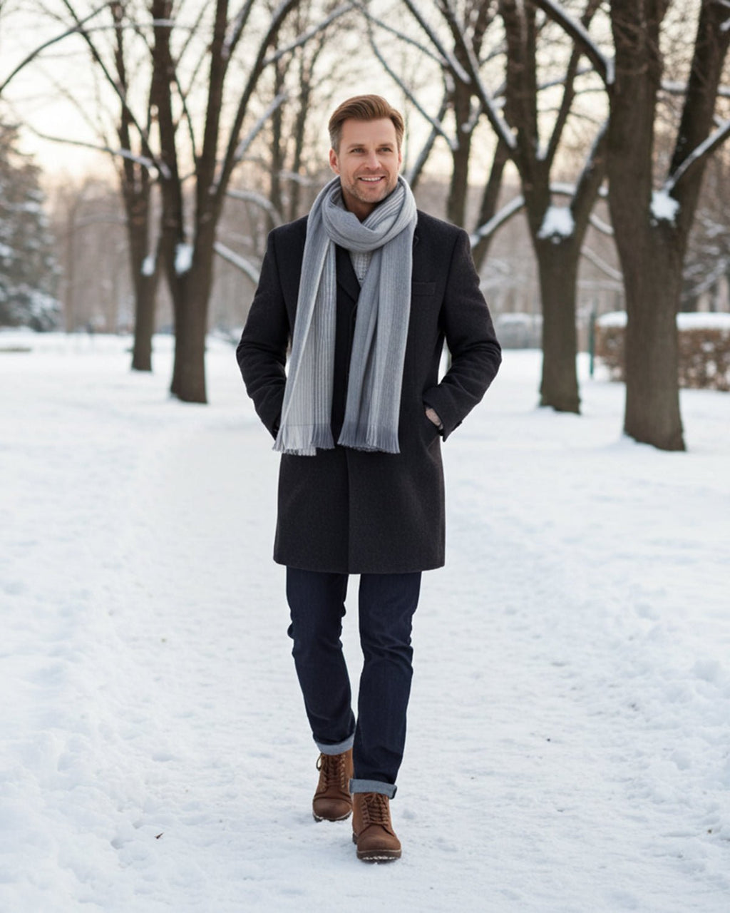 Grey alpaca scarf in Polar Drift with powder blue and snow white gradient, Shupaca