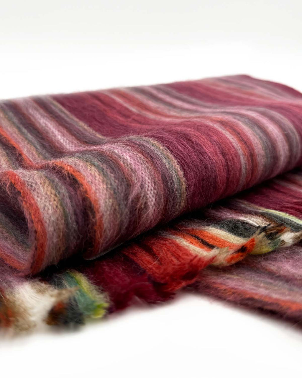 Rose alpaca scarf in Pomegranate with berry and sunset stripes, Shupaca