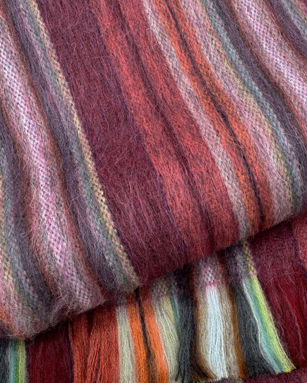 Rose alpaca scarf in Pomegranate with berry and sunset stripes, Shupaca