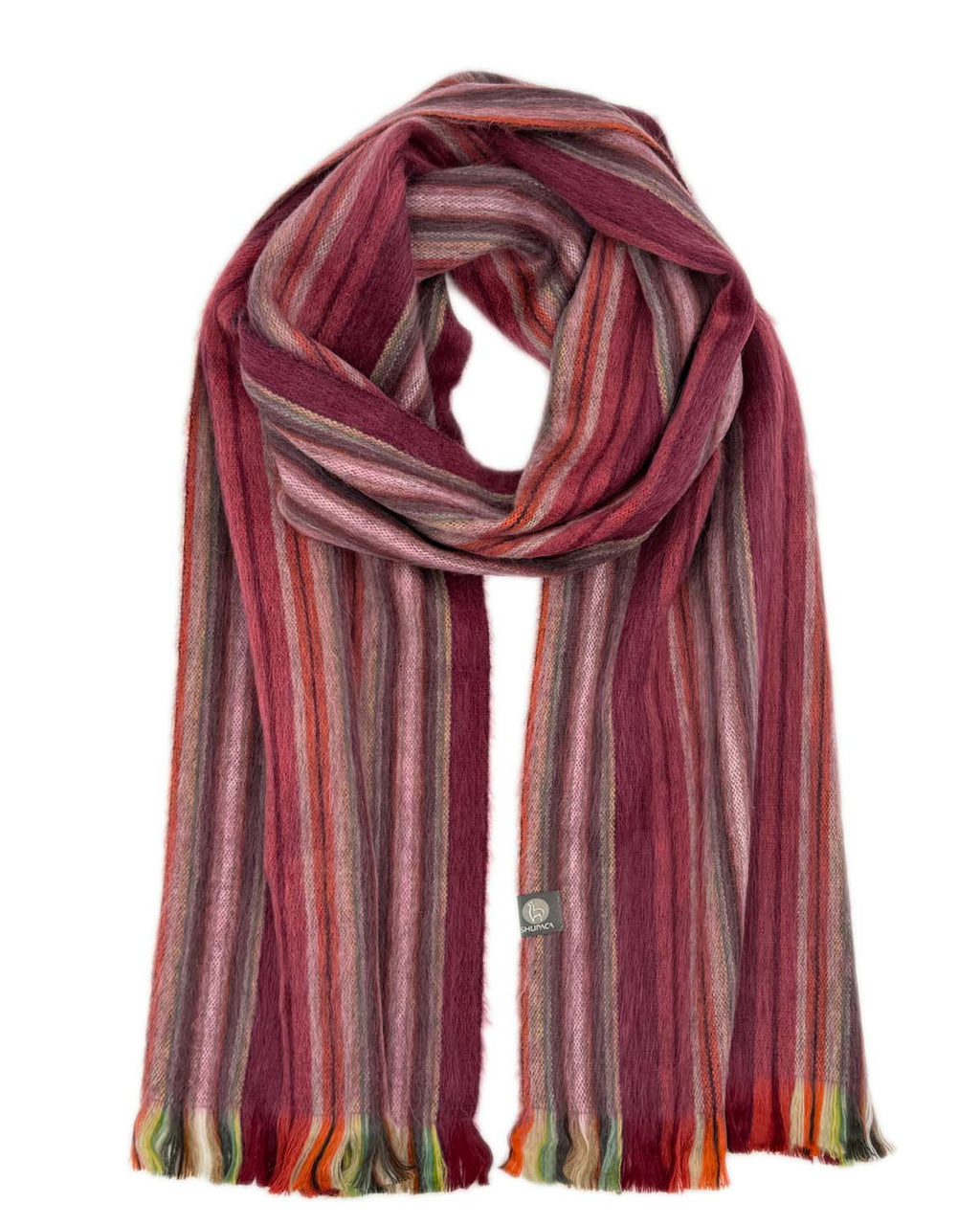 Rose alpaca scarf in Pomegranate with berry and sunset stripes, Shupaca