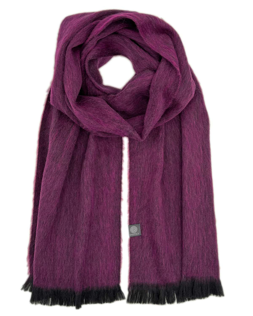 Plum alpaca scarf in Ruby with charcoal fringe, Shupaca