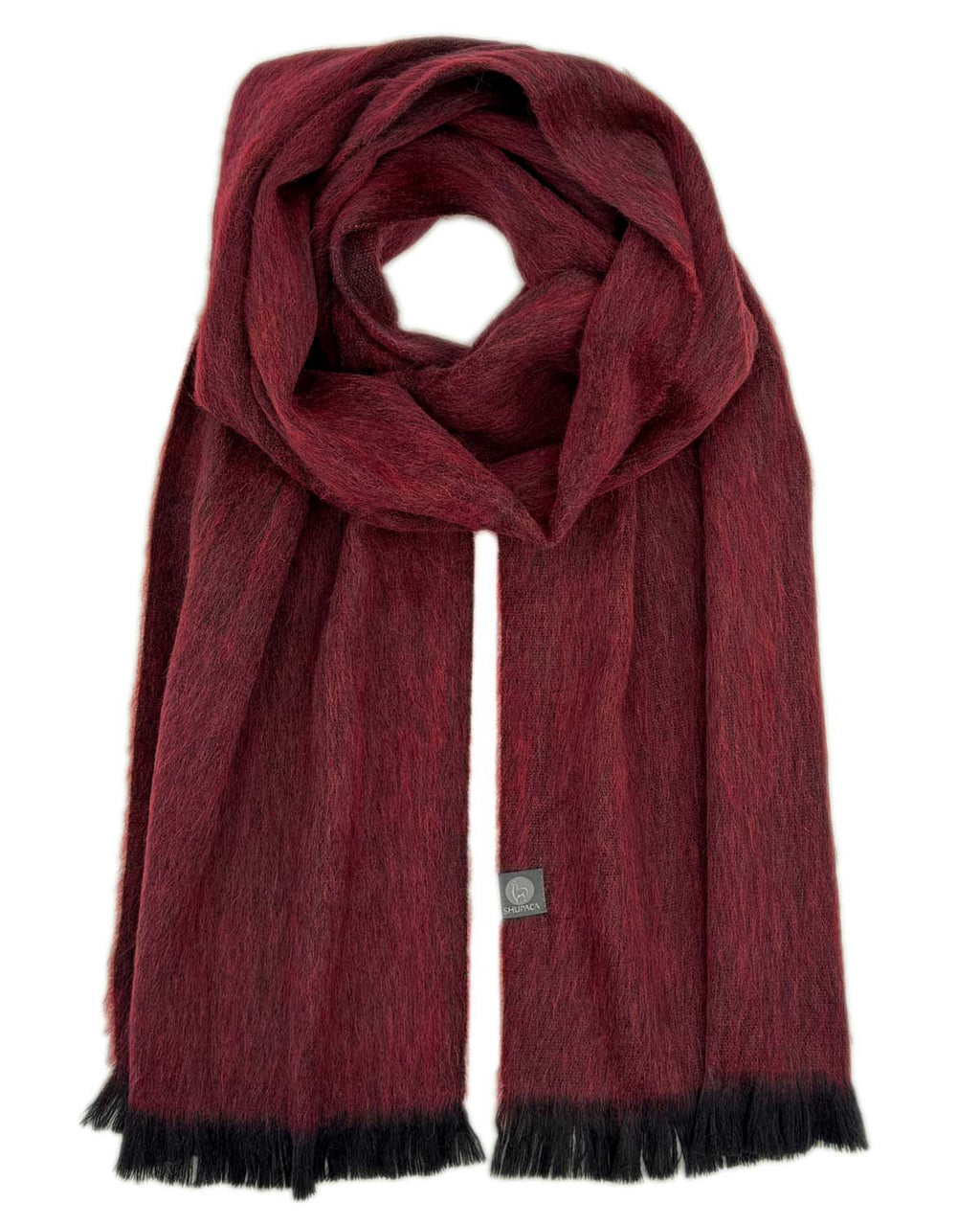 Sapphire Red alpaca scarf with ruby red and black edging, Shupaca