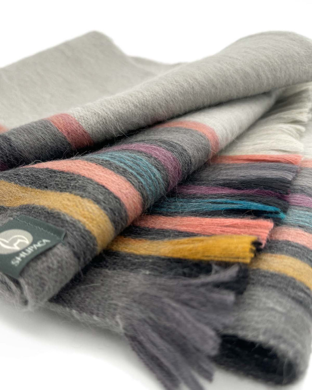 Ivory alpaca scarf in Southwest with earthy brown and desert teal stripes, Shupaca