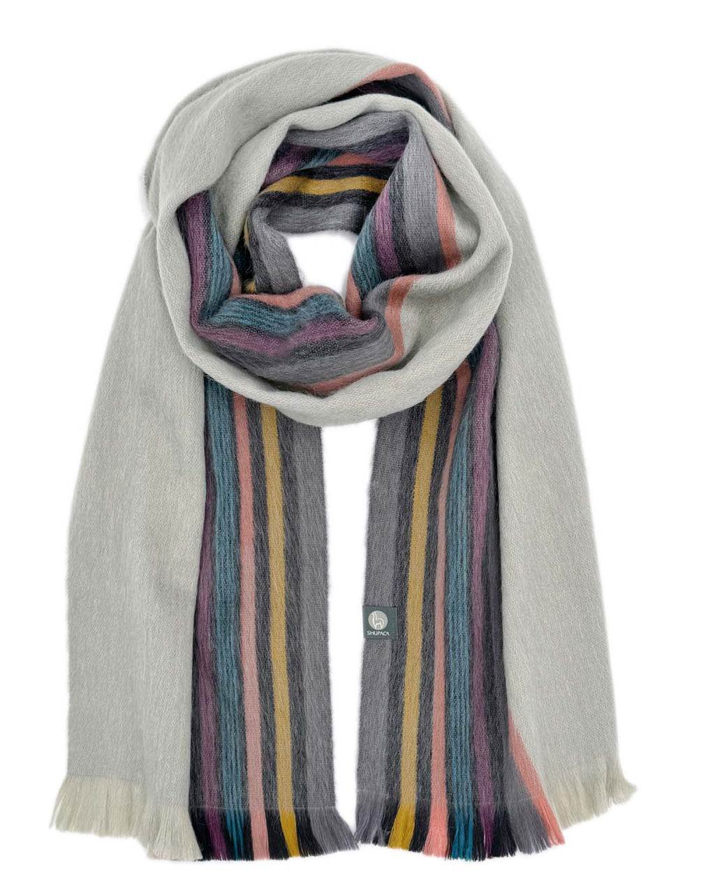 Ivory alpaca scarf in Southwest with earthy brown and desert teal stripes, Shupaca
