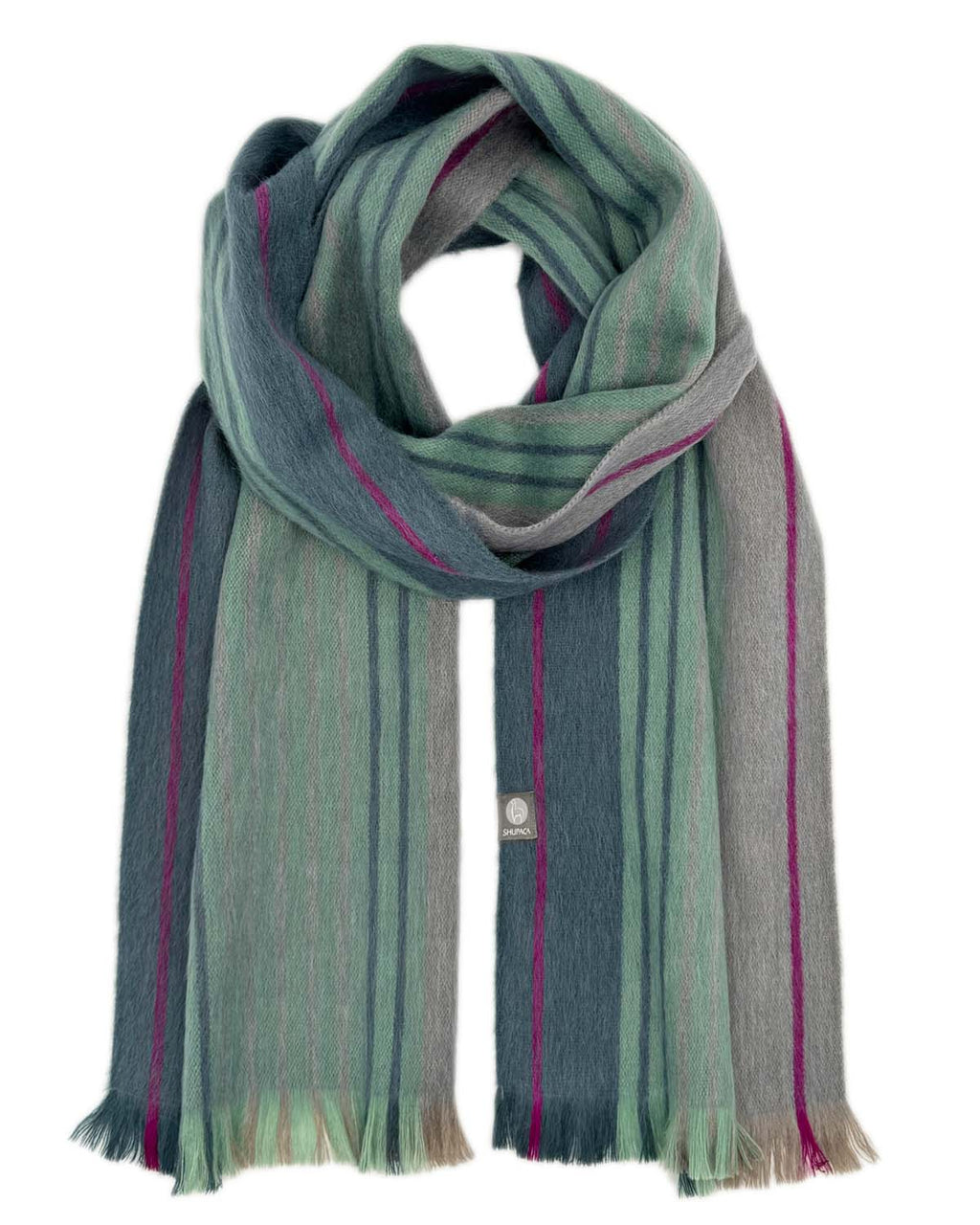 Green alpaca scarf in Wild Wasabi with seafoam and berry pink, Shupaca