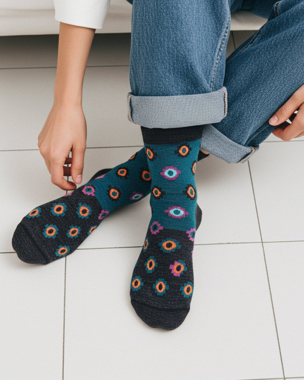 Teal alpaca socks in Amethyst with orange and violet geometric accents, Shupaca