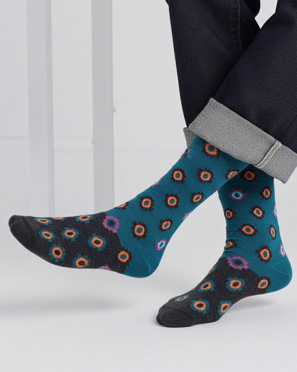 Teal alpaca socks in Amethyst with orange and violet geometric accents, Shupaca
