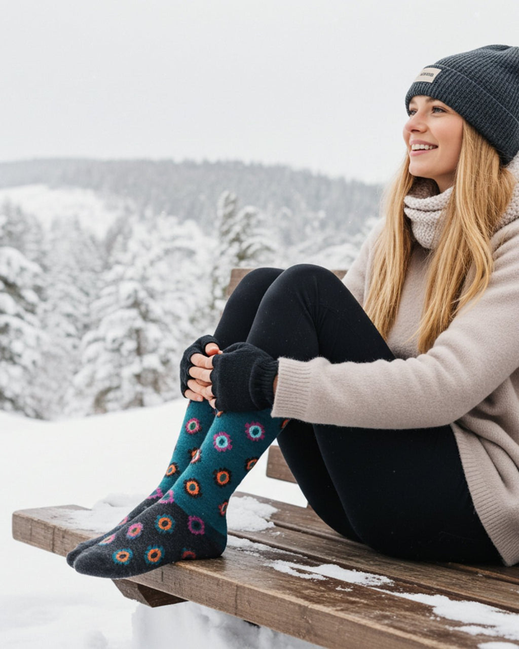 Teal alpaca socks in Amethyst with orange and violet geometric accents, Shupaca