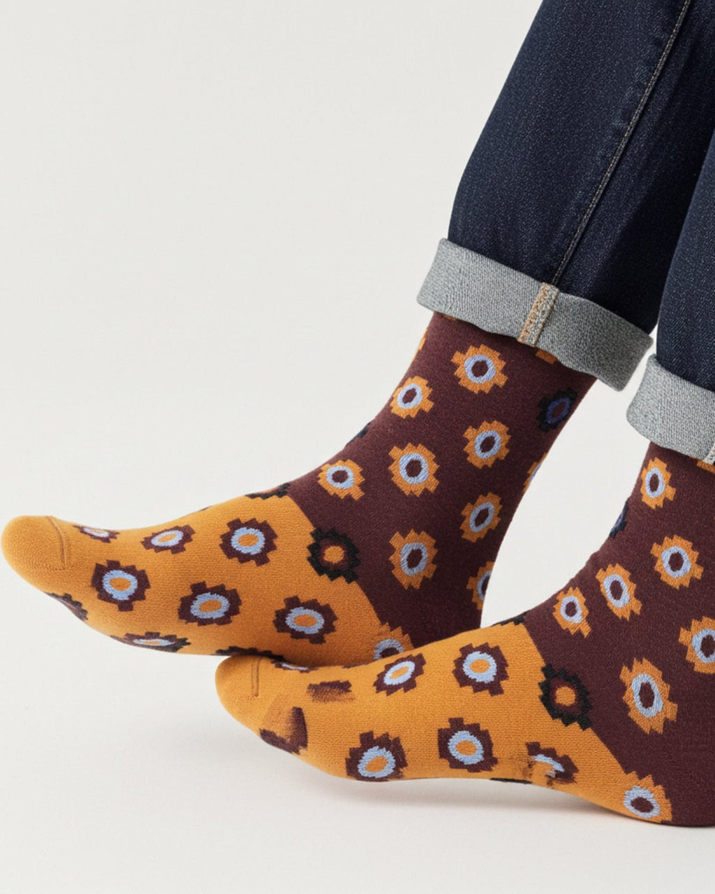 Golden alpaca socks in Boysenberry with mustard and sky accents, Shupaca
