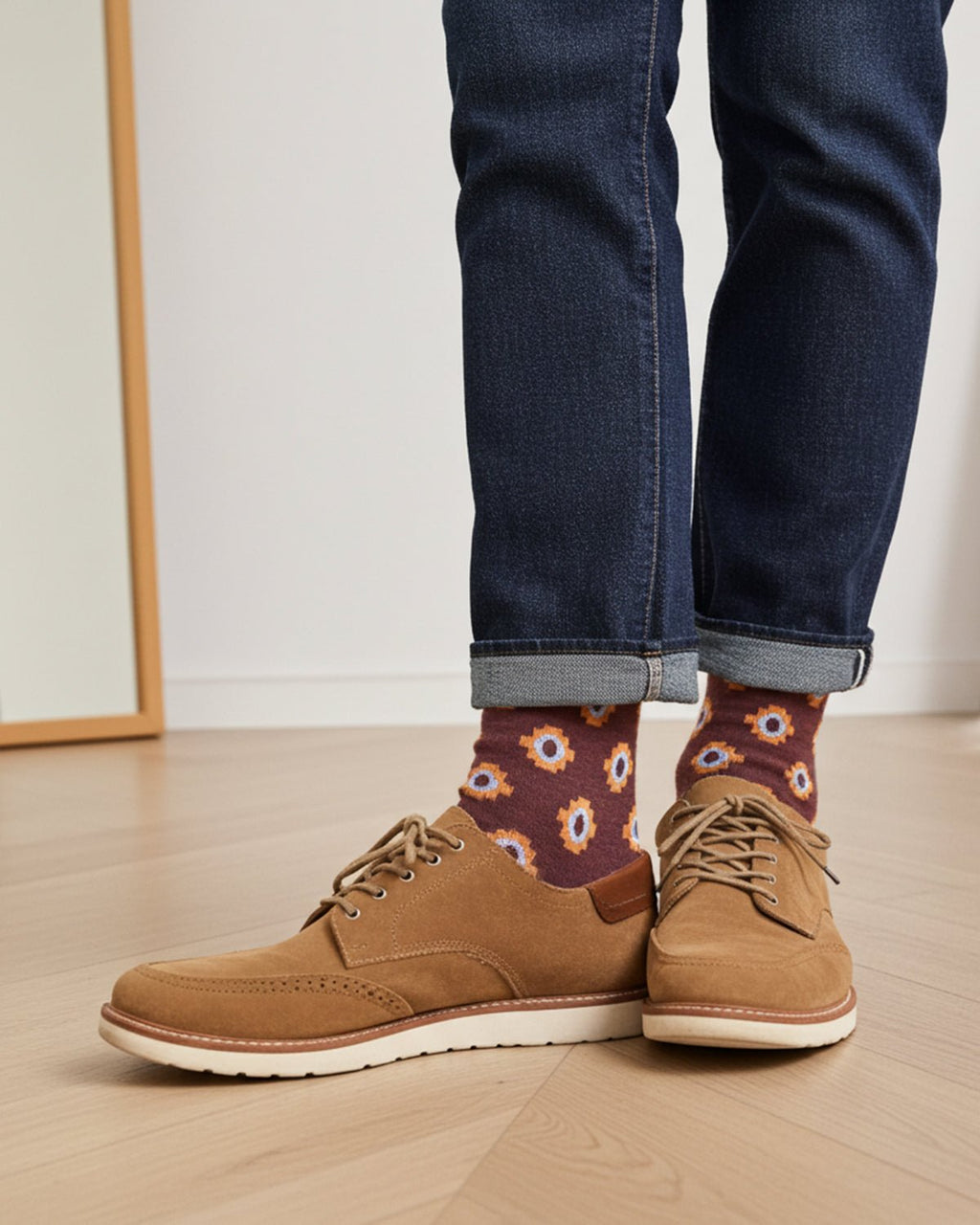 Golden alpaca socks in Boysenberry with mustard and sky accents, Shupaca