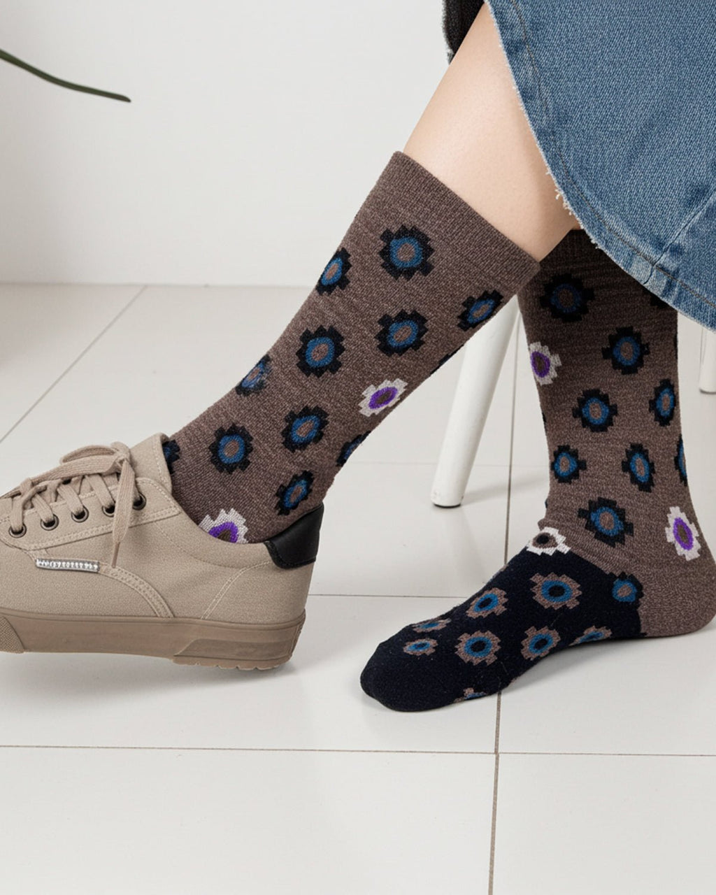 Rich brown alpaca socks in Mahogany with teal and indigo accents, Shupaca