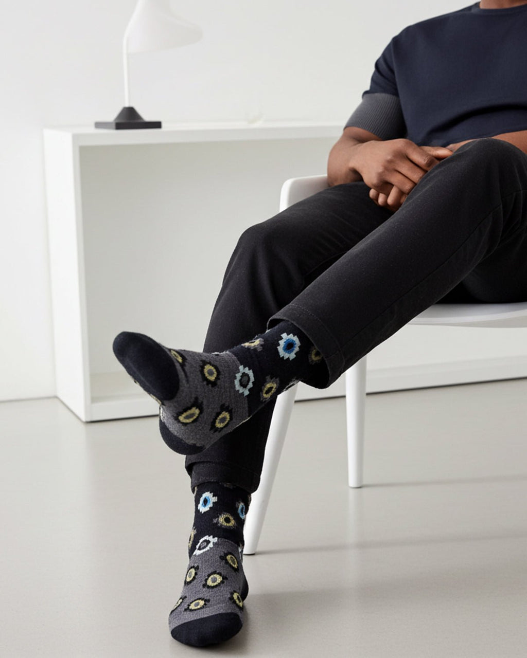 Black alpaca socks in Onyx with Incan-inspired sage and blue motifs, Shupaca