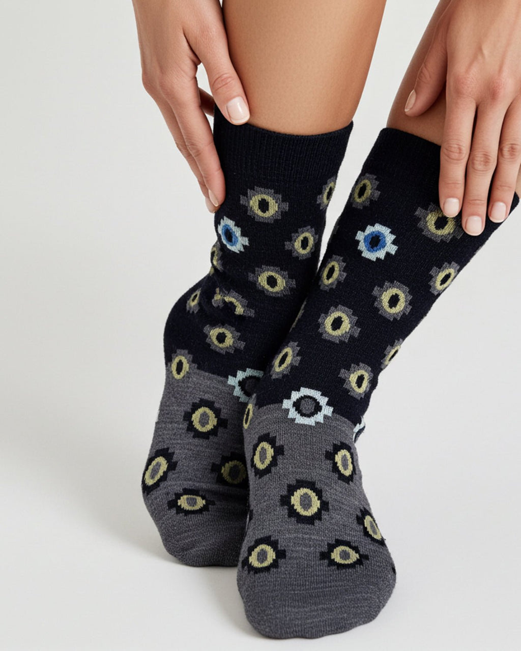 Black alpaca socks in Onyx with Incan-inspired sage and blue motifs, Shupaca