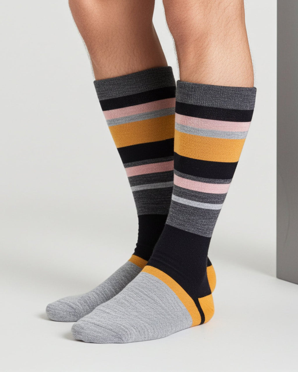 Gold alpaca socks in Espresso with blush pink and jet black stripes, Shupaca