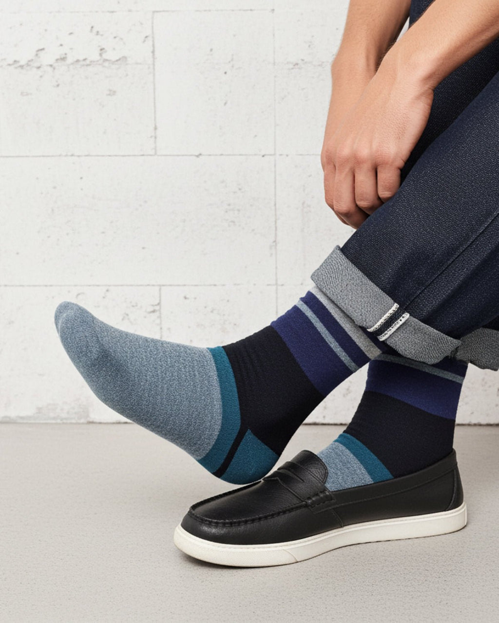 Deep Navy alpaca socks in Marine with aqua and grey stripes, Shupaca