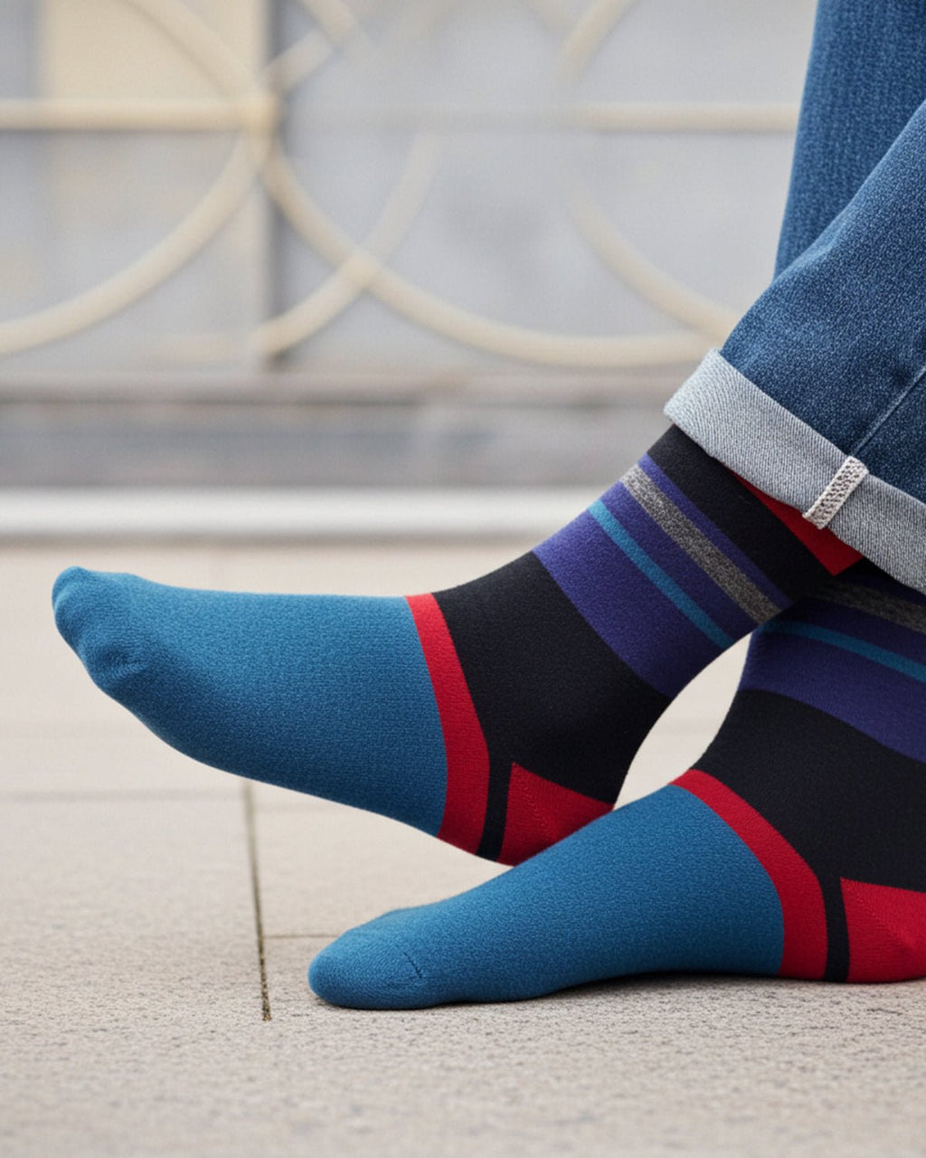 Merlot alpaca socks with vibrant red and cobalt stripes, Shupaca