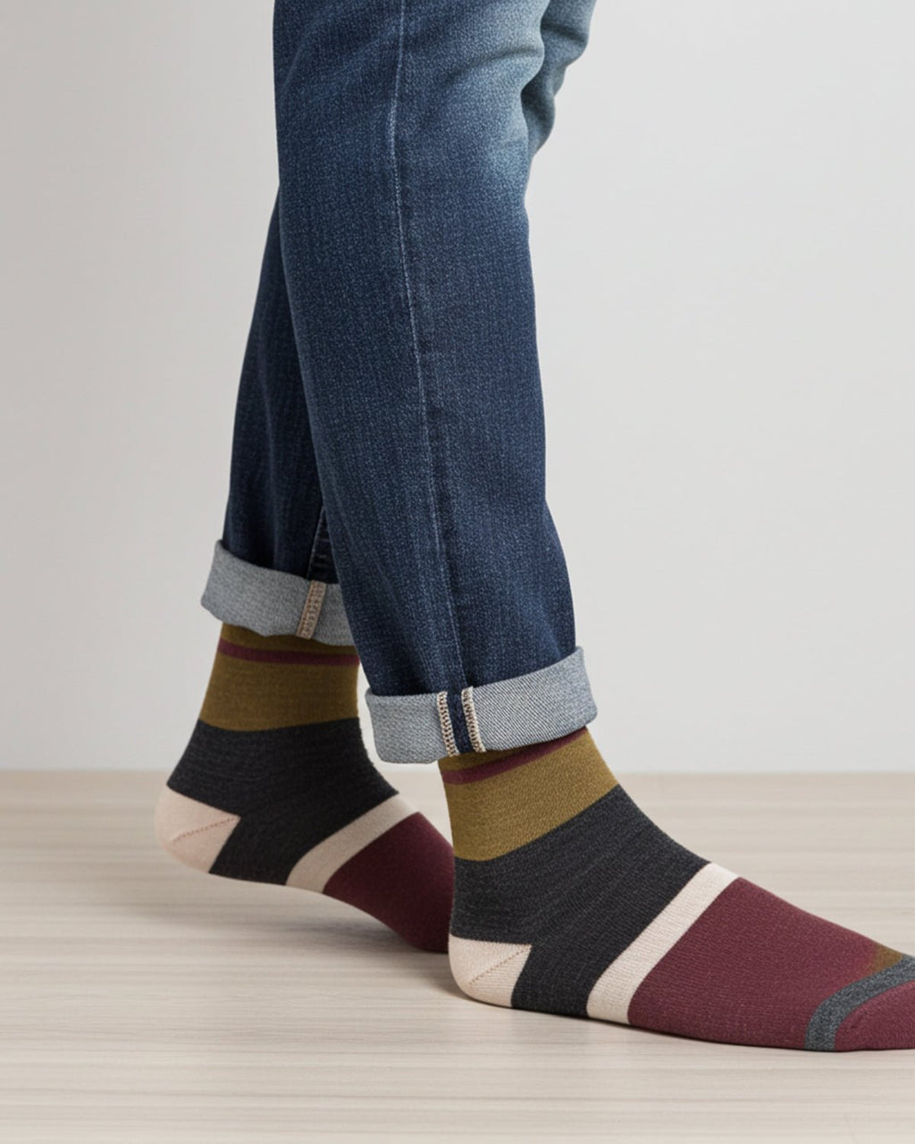 Plum alpaca socks with olive gold and cream stripes, Shupaca