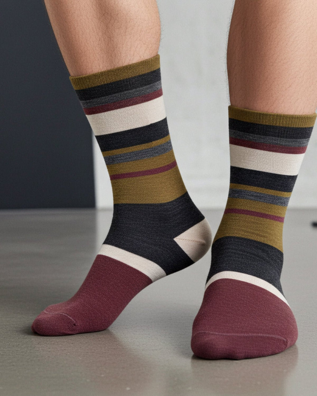 Plum alpaca socks with olive gold and cream stripes, Shupaca