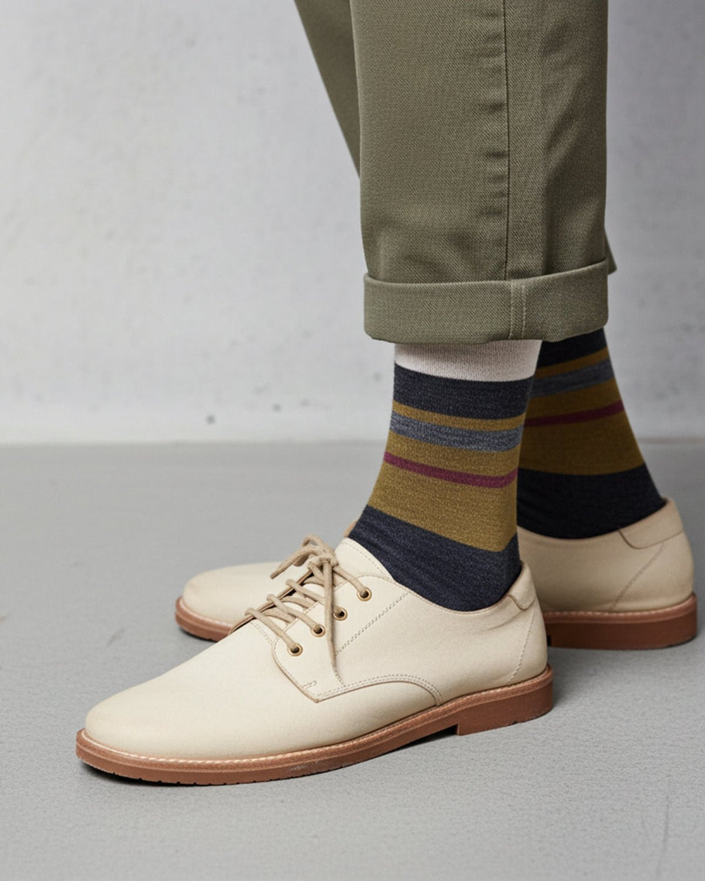 Plum alpaca socks with olive gold and cream stripes, Shupaca