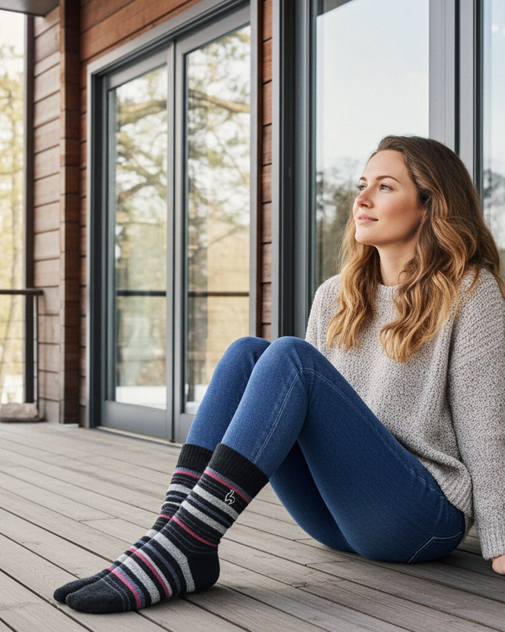 Mauve alpaca socks with dusty lilac and rose stripes, Shupaca