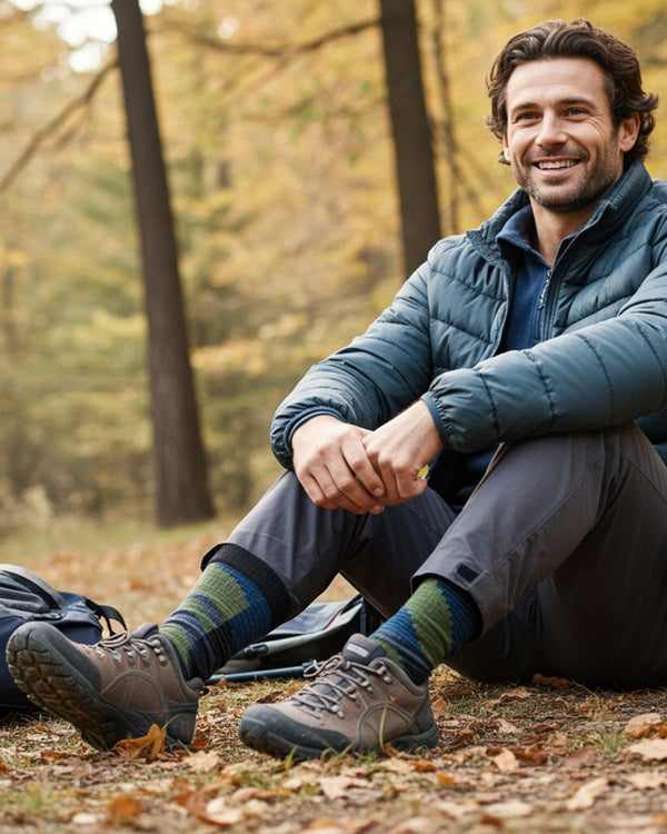 Forest green alpaca socks in Everglade with denim blue and black geometric, Shupaca