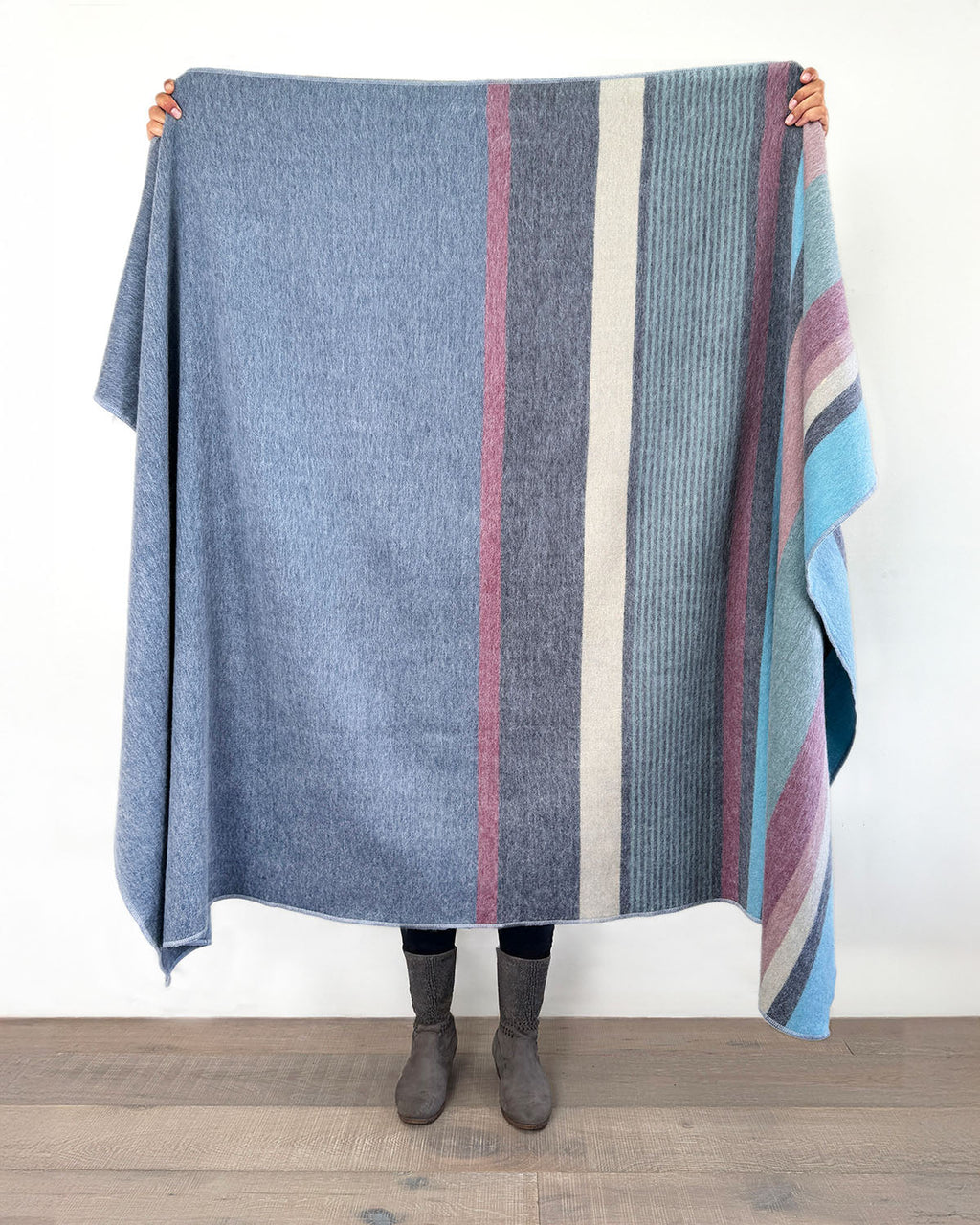 Blue Bird alpaca throw blanket with sky blue and denim white stripes, Shupaca