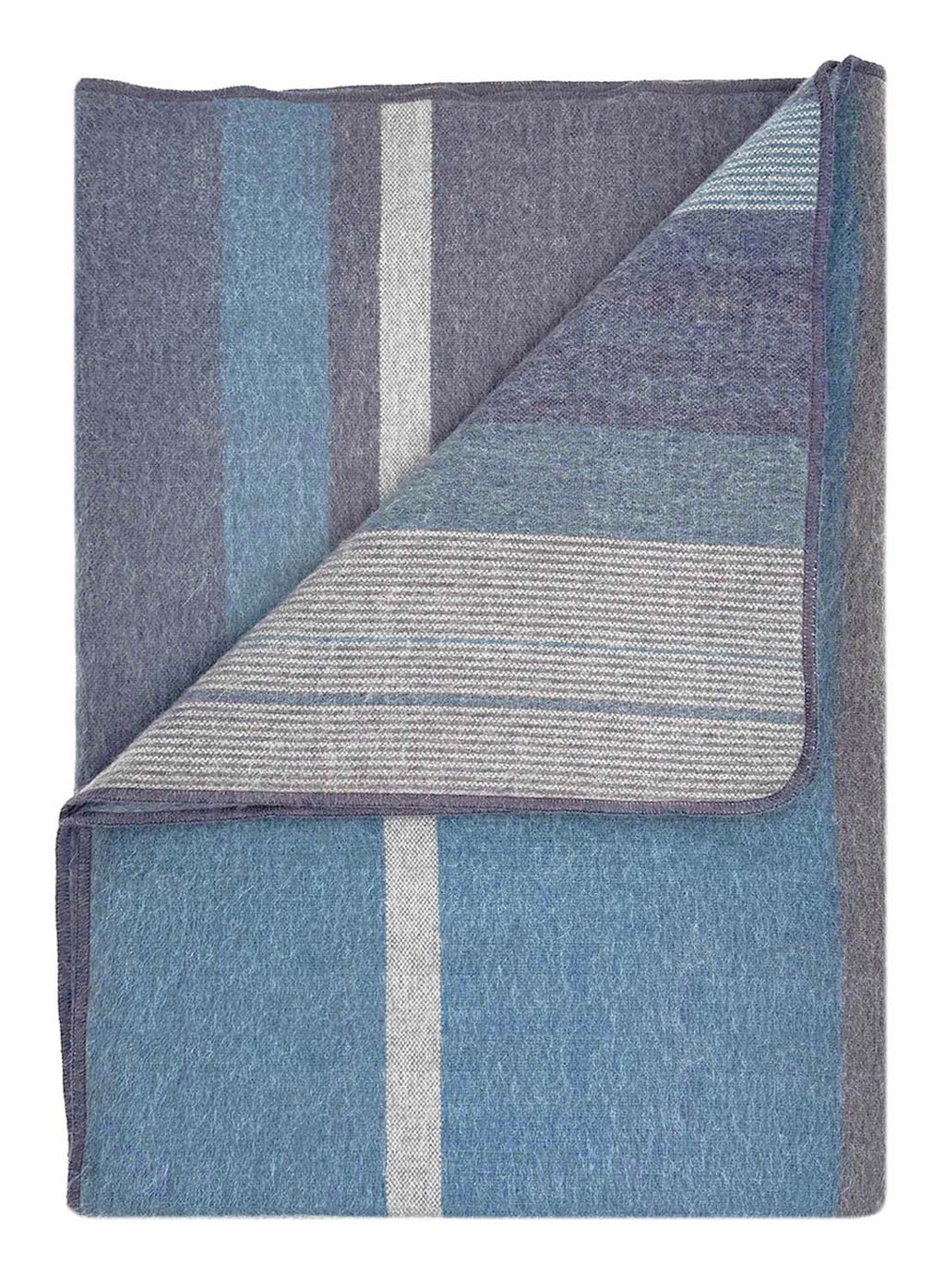 Sky Blue alpaca throw blanket in Calypso with denim and grey stripes, Shupaca