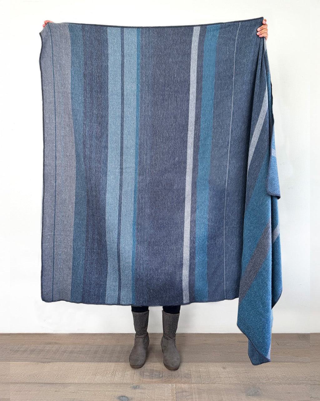 Sky Blue alpaca throw blanket in Calypso with denim and grey stripes, Shupaca