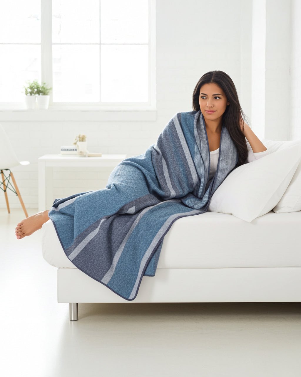 Sky Blue alpaca throw blanket in Calypso with denim and grey stripes, Shupaca