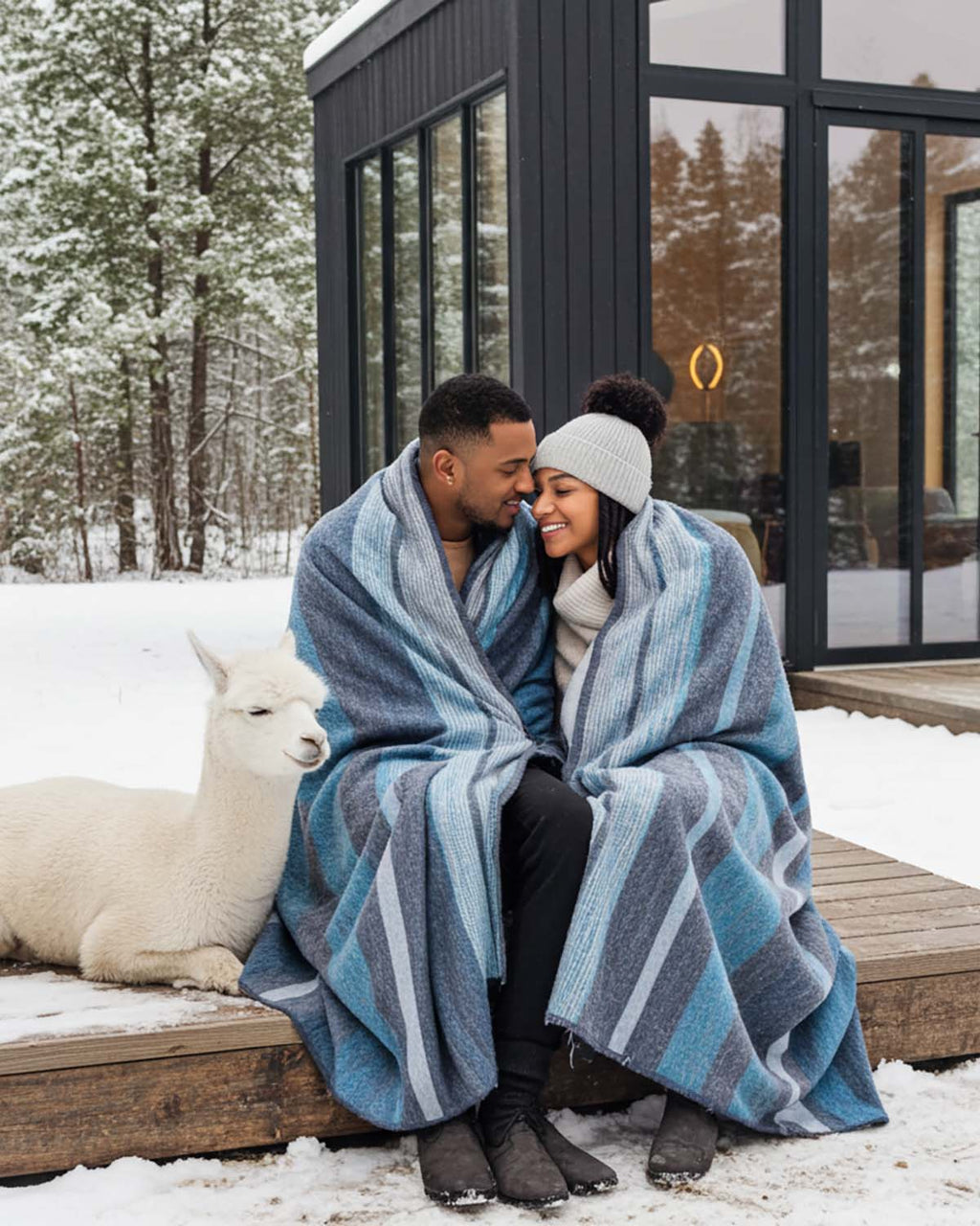 Sky Blue alpaca throw blanket in Calypso with denim and grey stripes, Shupaca