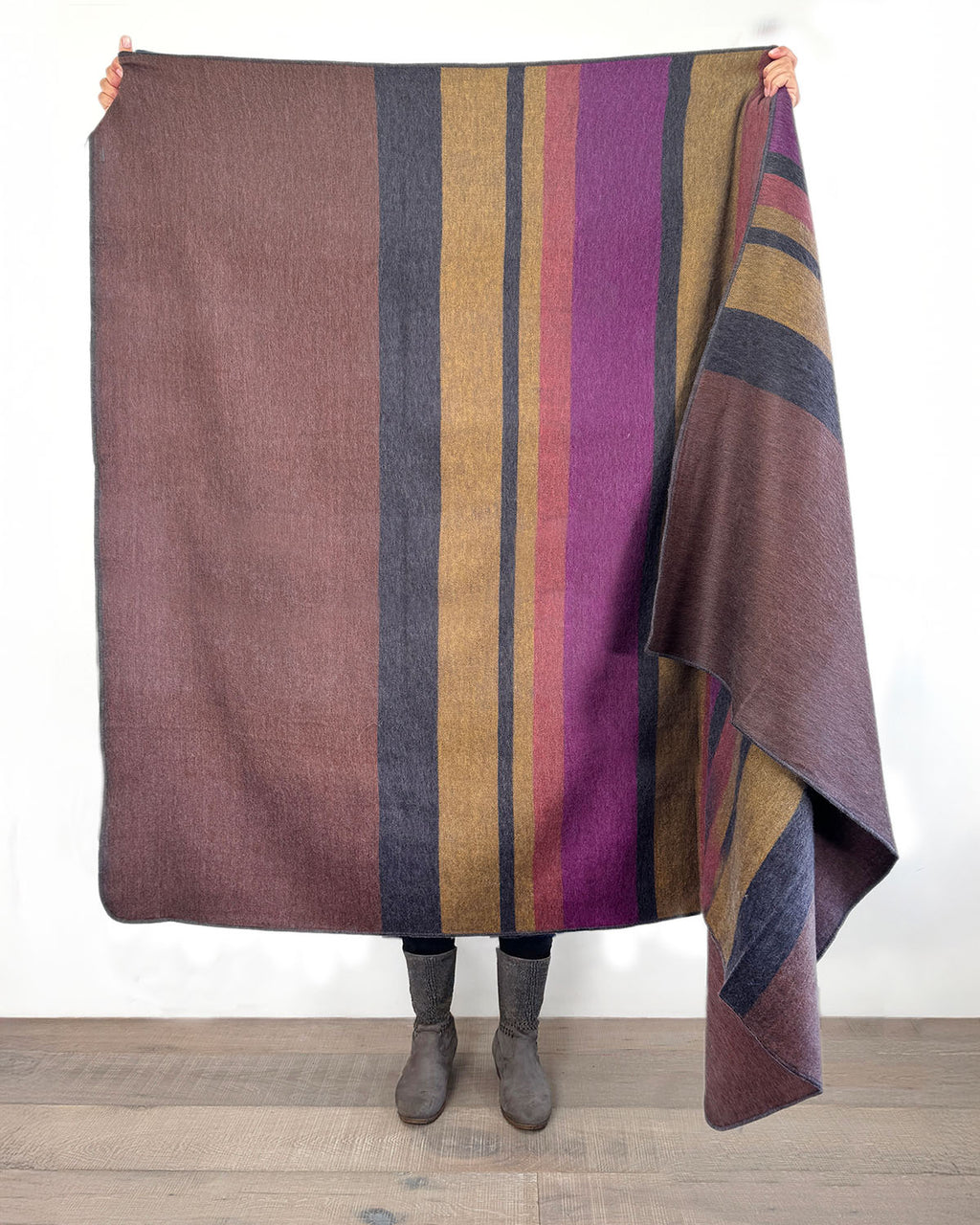 Golden alpaca throw blanket in Canyon with clay and magenta stripes, Shupaca