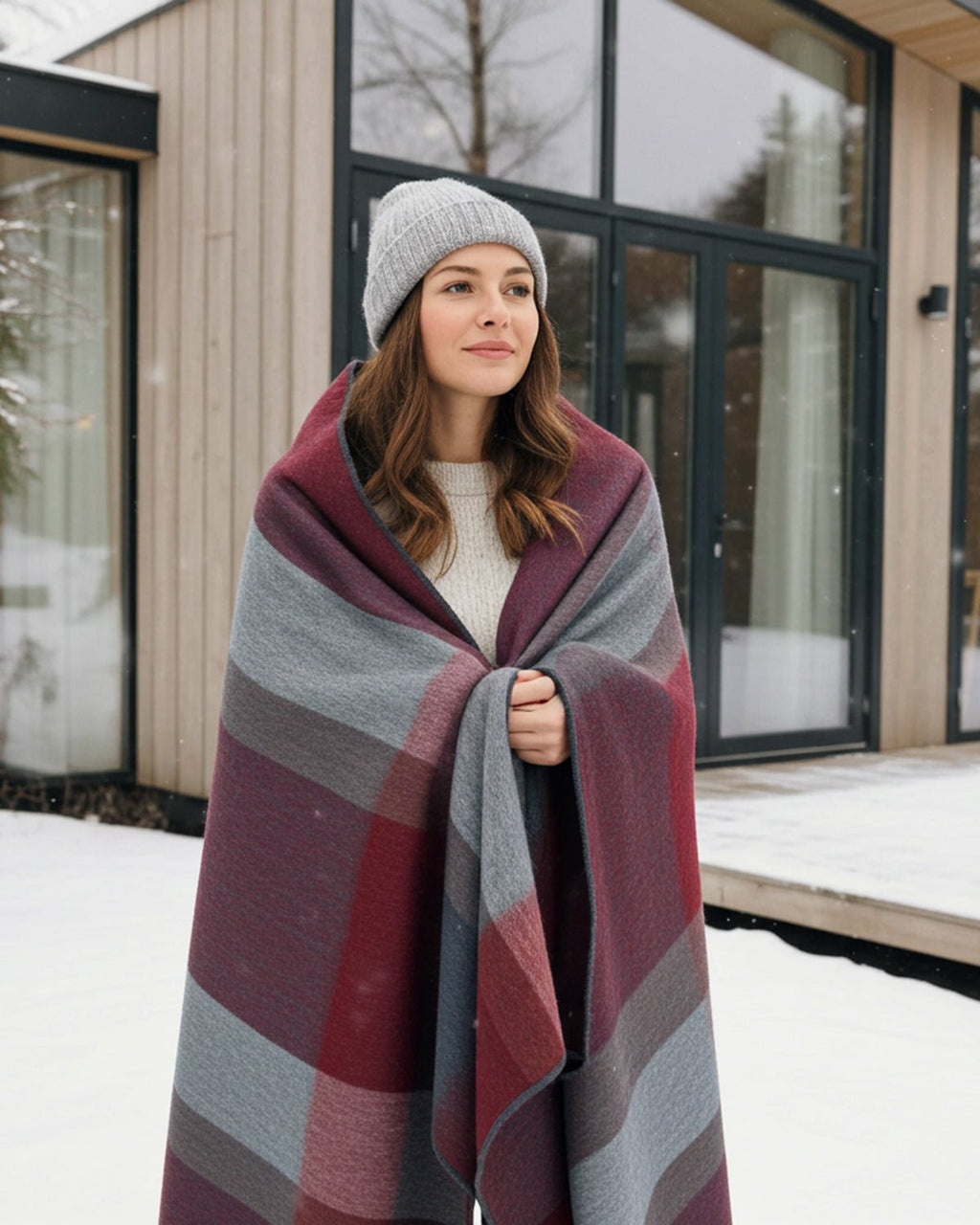 Caramel Apple alpaca throw blanket with apple-red and sky-blue blocks, Shupaca