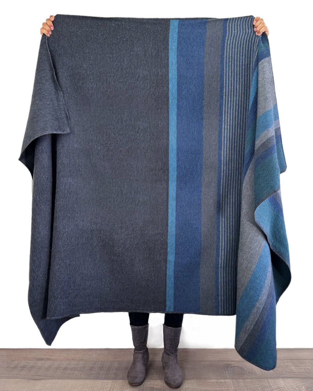 Dark Sea alpaca throw blanket with charcoal and oceanic blue stripes, Shupaca