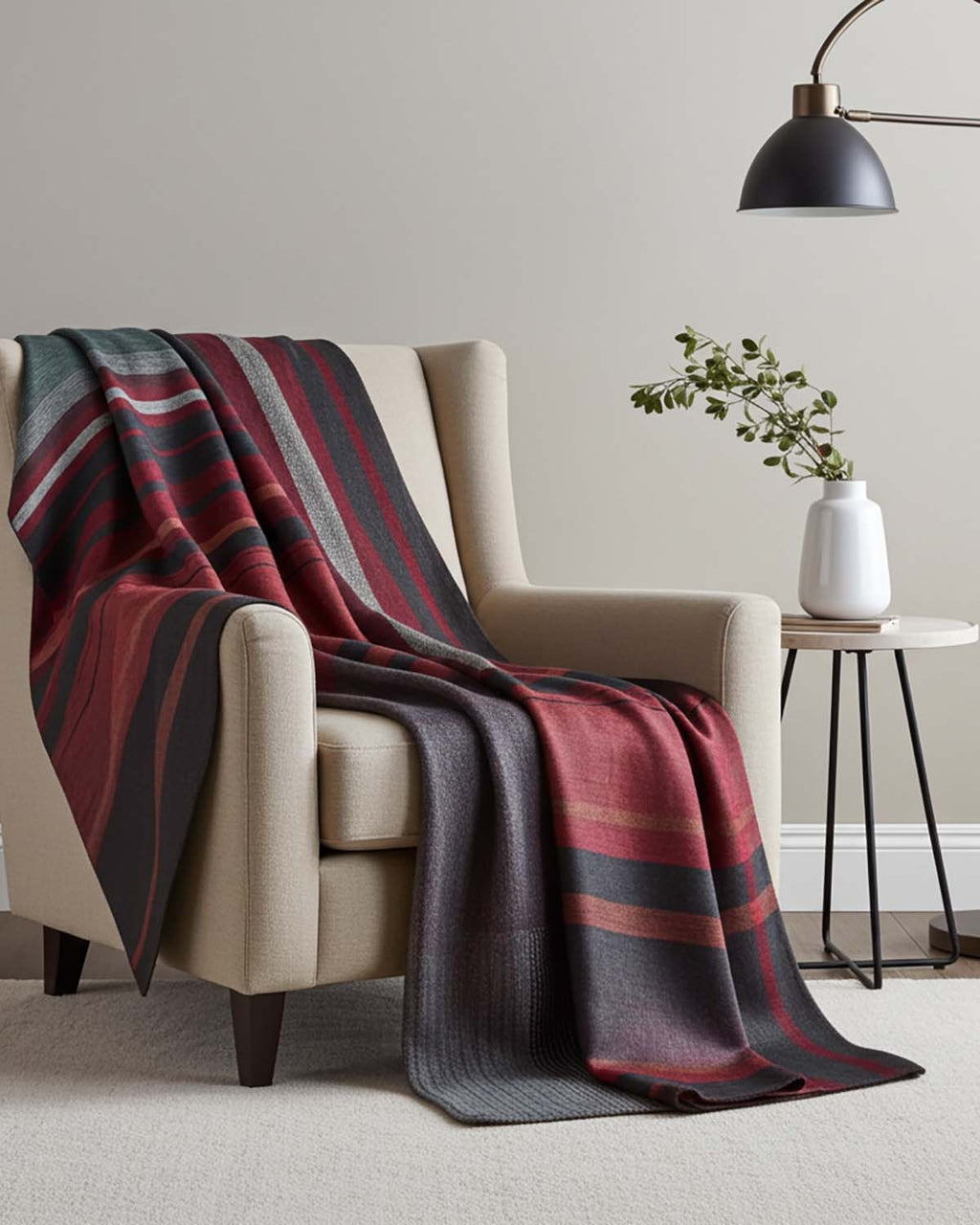 Red alpaca throw blanket in Dragon Fruit with charcoal and copper stripes, Shupaca