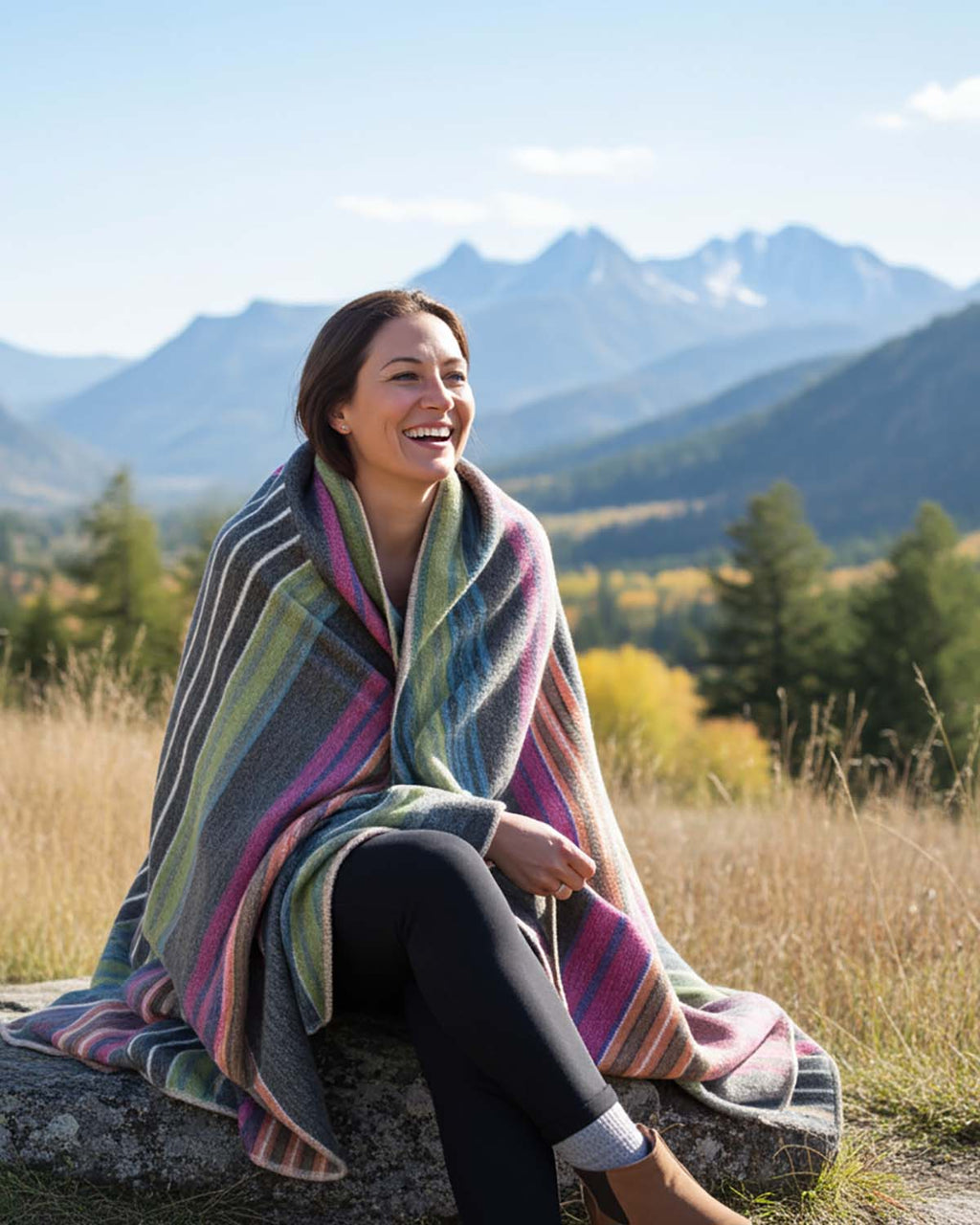 Fireworks alpaca throw blanket with pink, orange, and green stripes, Shupaca