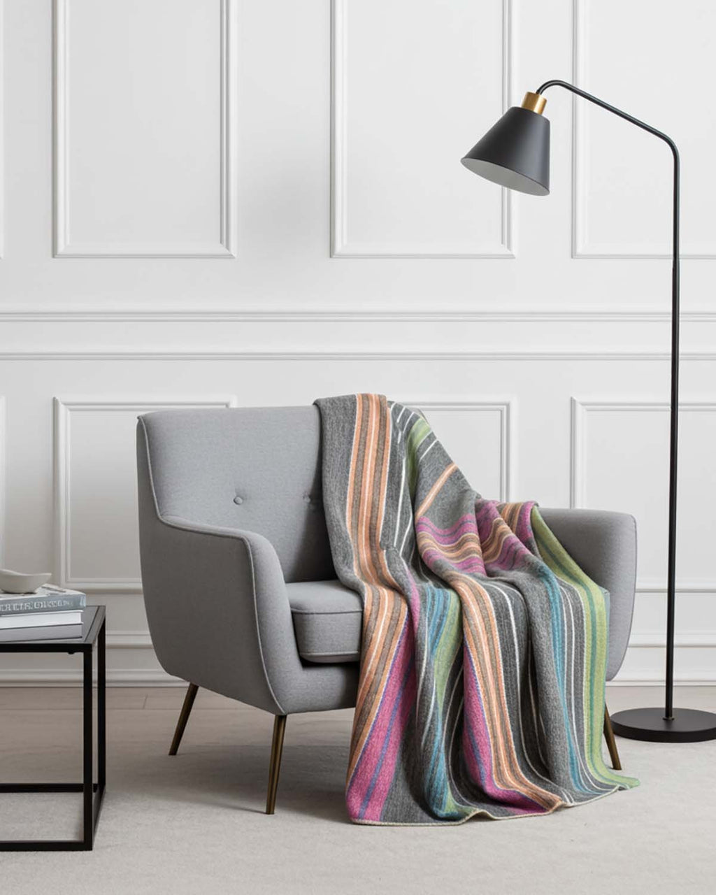 Fireworks alpaca throw blanket with pink, orange, and green stripes, Shupaca