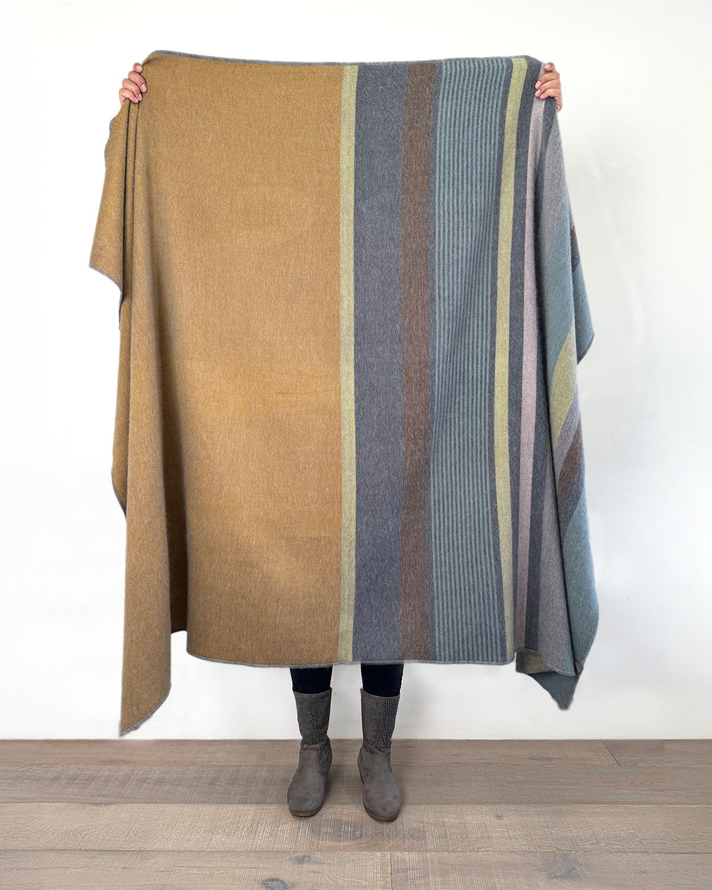 Gold Rush alpaca throw blanket with camel and denim-blue geometric pattern, Shupaca
