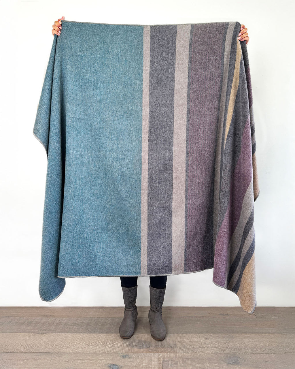 Jade Forest alpaca throw blanket with teal and earthy grey reversible stripes, Shupaca