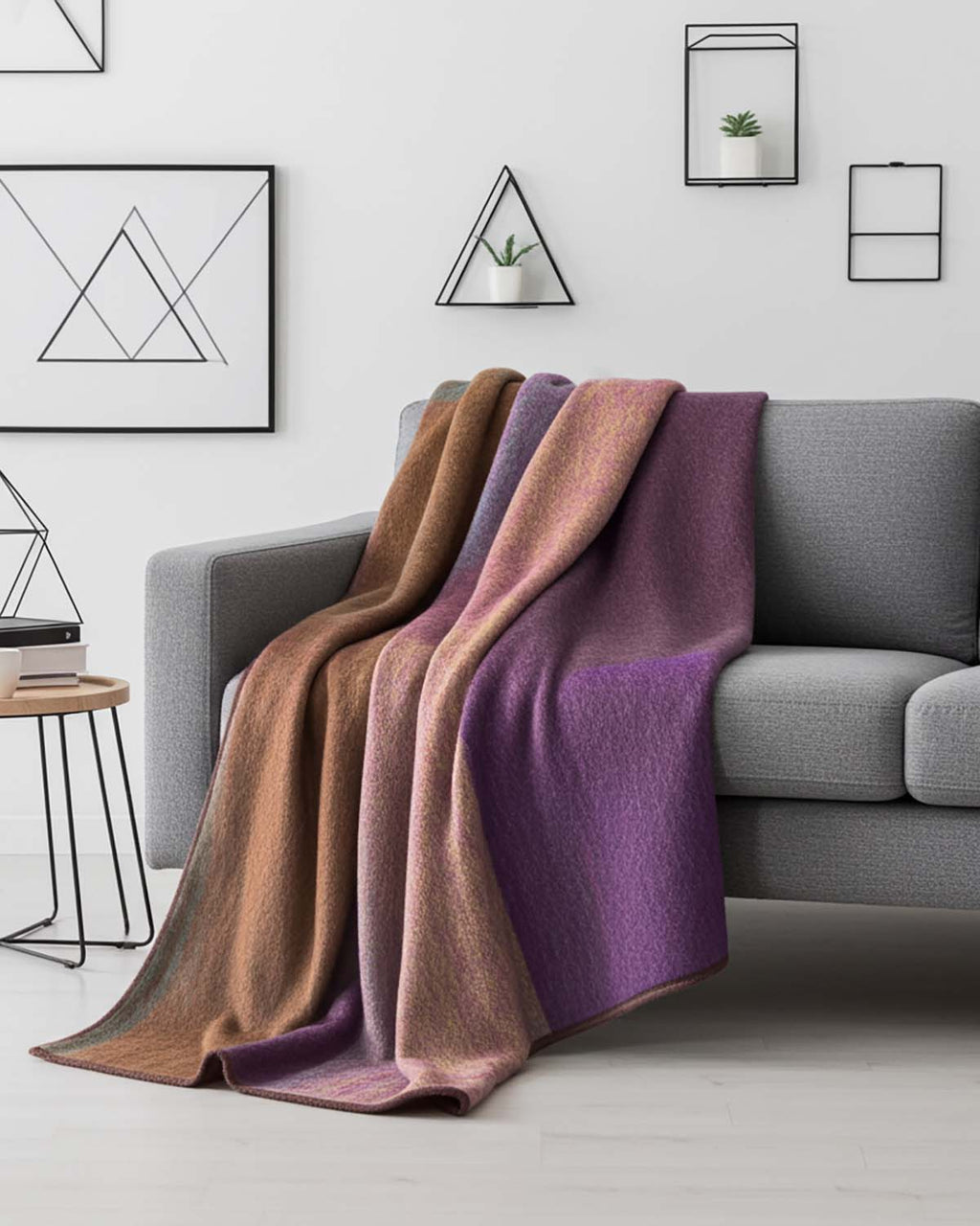 Forest green alpaca throw blanket in Kaleidoscope with copper and purple blocks, Shupaca