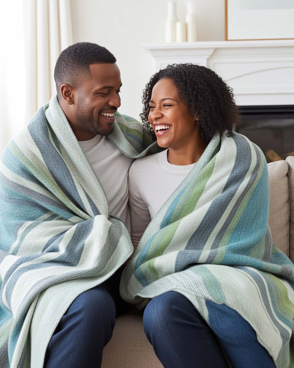 Blue alpaca throw blanket in Lotus with sage green and cream, Shupaca