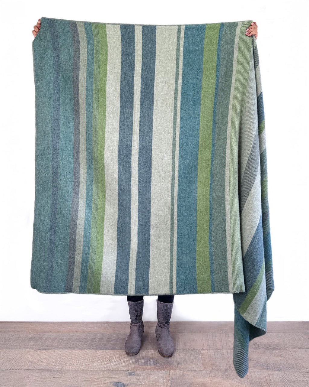 Blue alpaca throw blanket in Lotus with sage green and cream, Shupaca