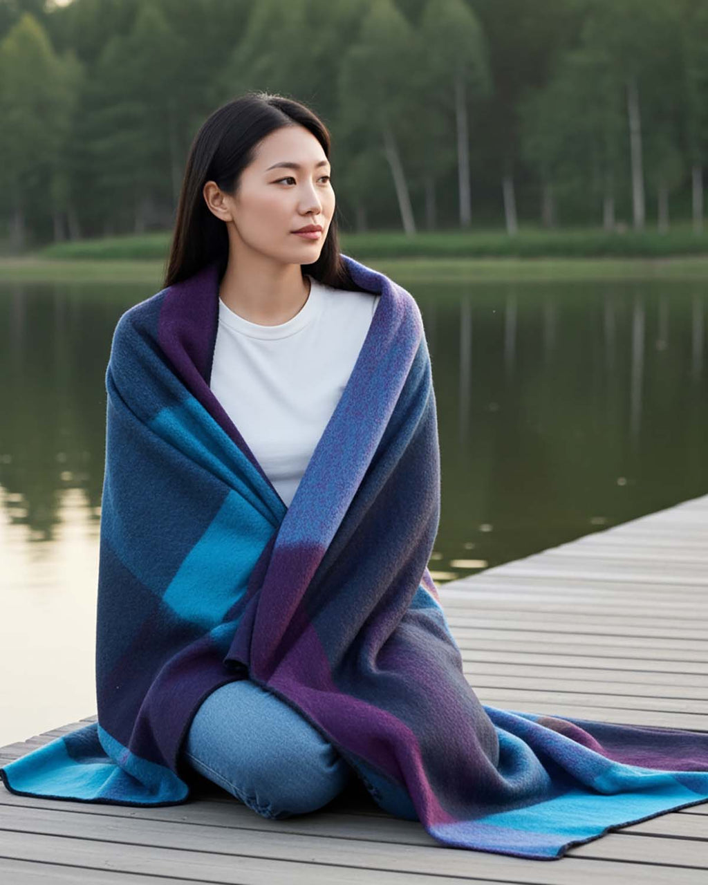 Sky Blue alpaca throw blanket in Nightfall with wine and charcoal, Shupaca