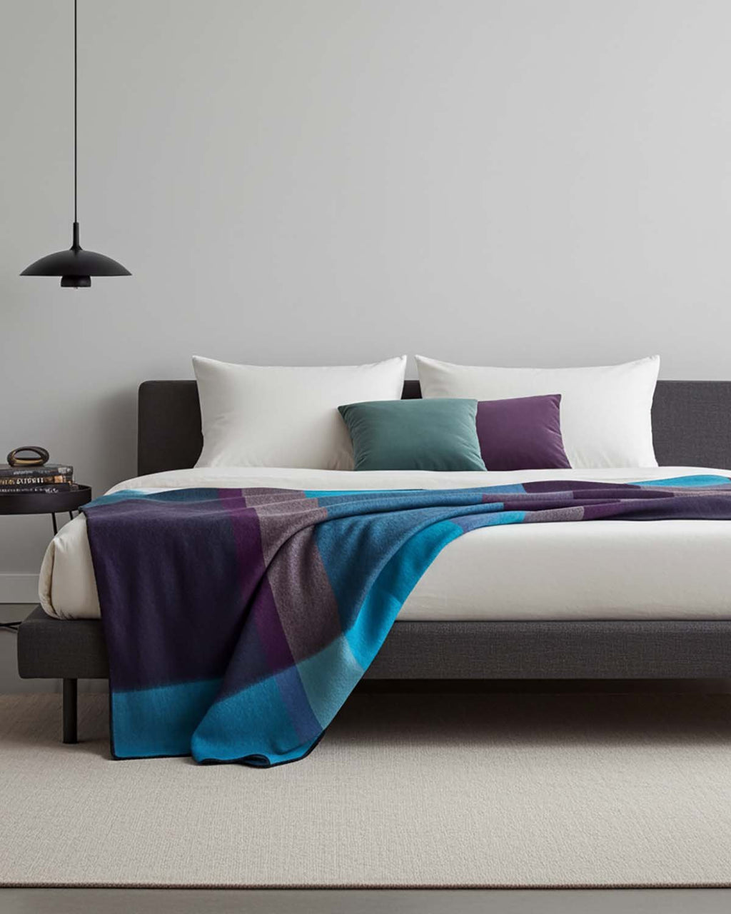 Sky Blue alpaca throw blanket in Nightfall with wine and charcoal, Shupaca